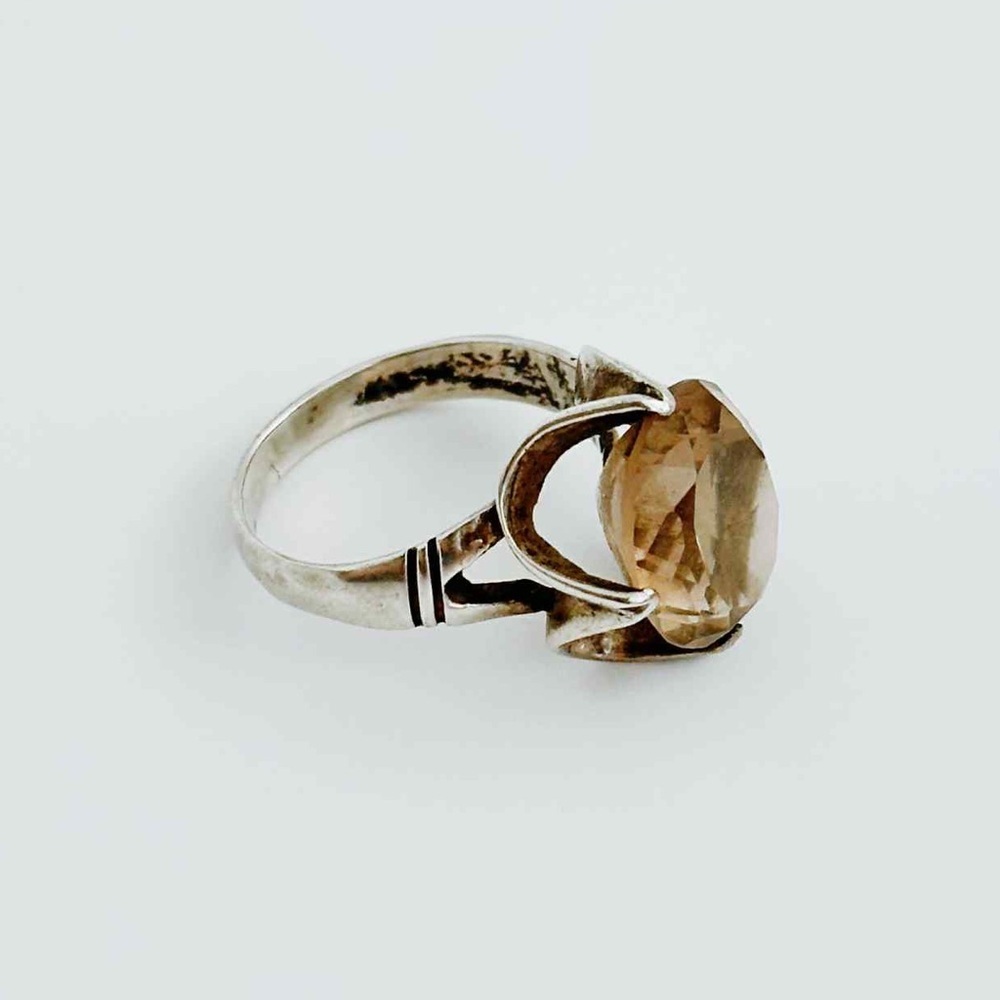 Vintage Sterling Silver Large Faceted Smoky Quartz - Picture 3 of 16